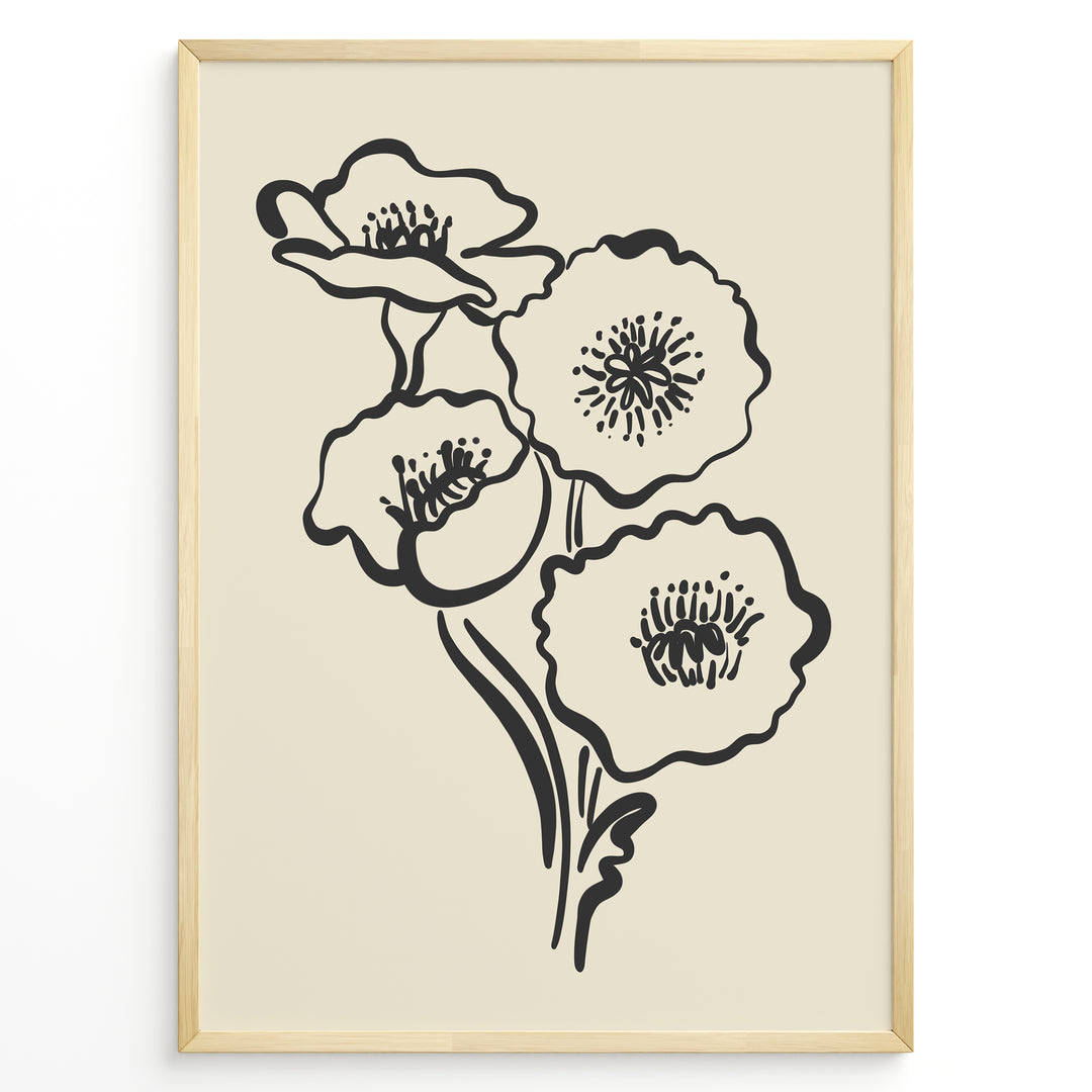Minimalist black and white poppy flower line art print in a modern black frame on beige background