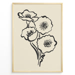 Load image into Gallery viewer, Minimalist black and white poppy flower line art print in a modern black frame on beige background
