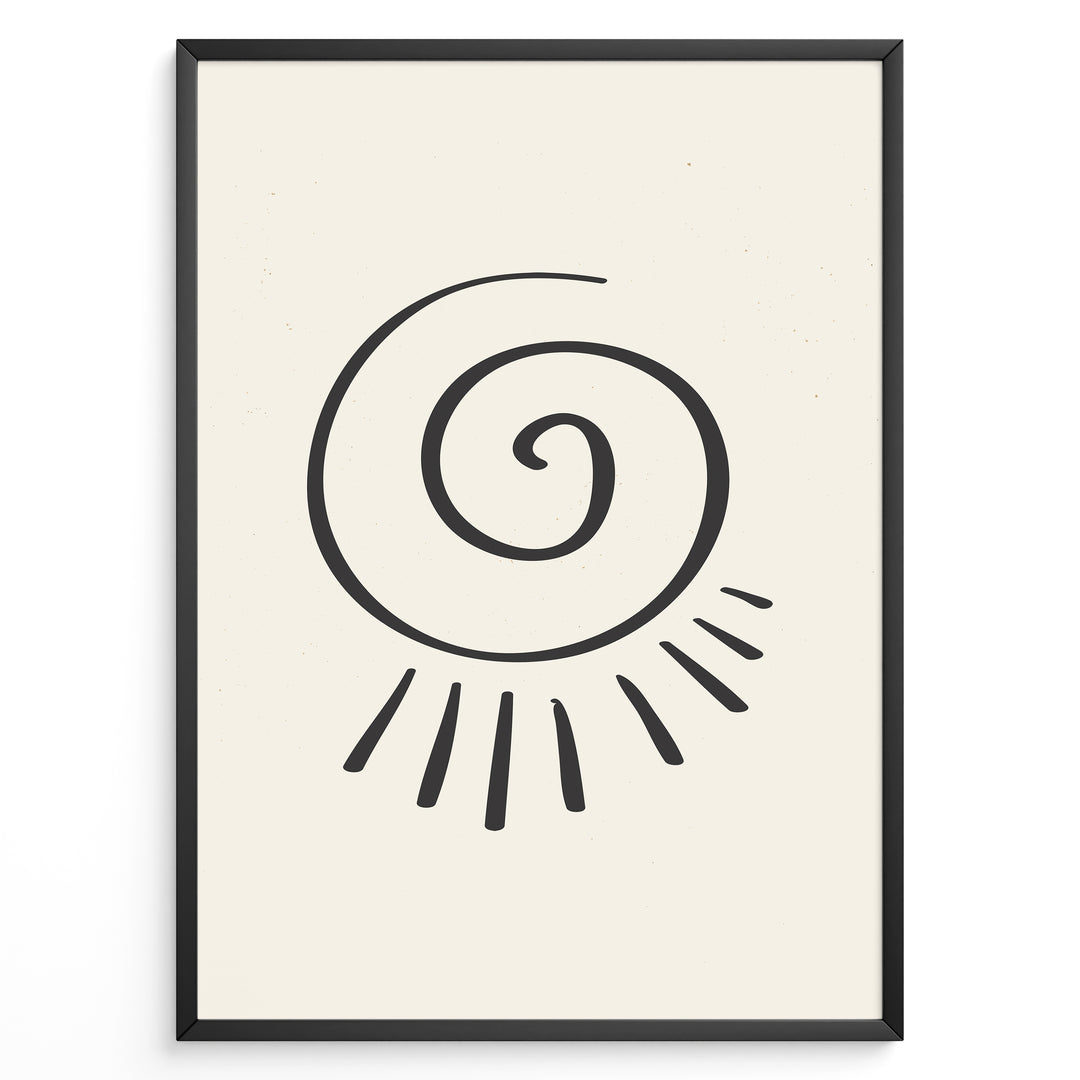 Minimalist abstract spiral sun line art print plakat in black frame on cream background.