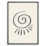 Load image into Gallery viewer, Minimalist abstract spiral sun line art print plakat in black frame on cream background.
