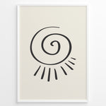 Load image into Gallery viewer, Minimalist abstract spiral sun line art print plakat in black frame on cream background.
