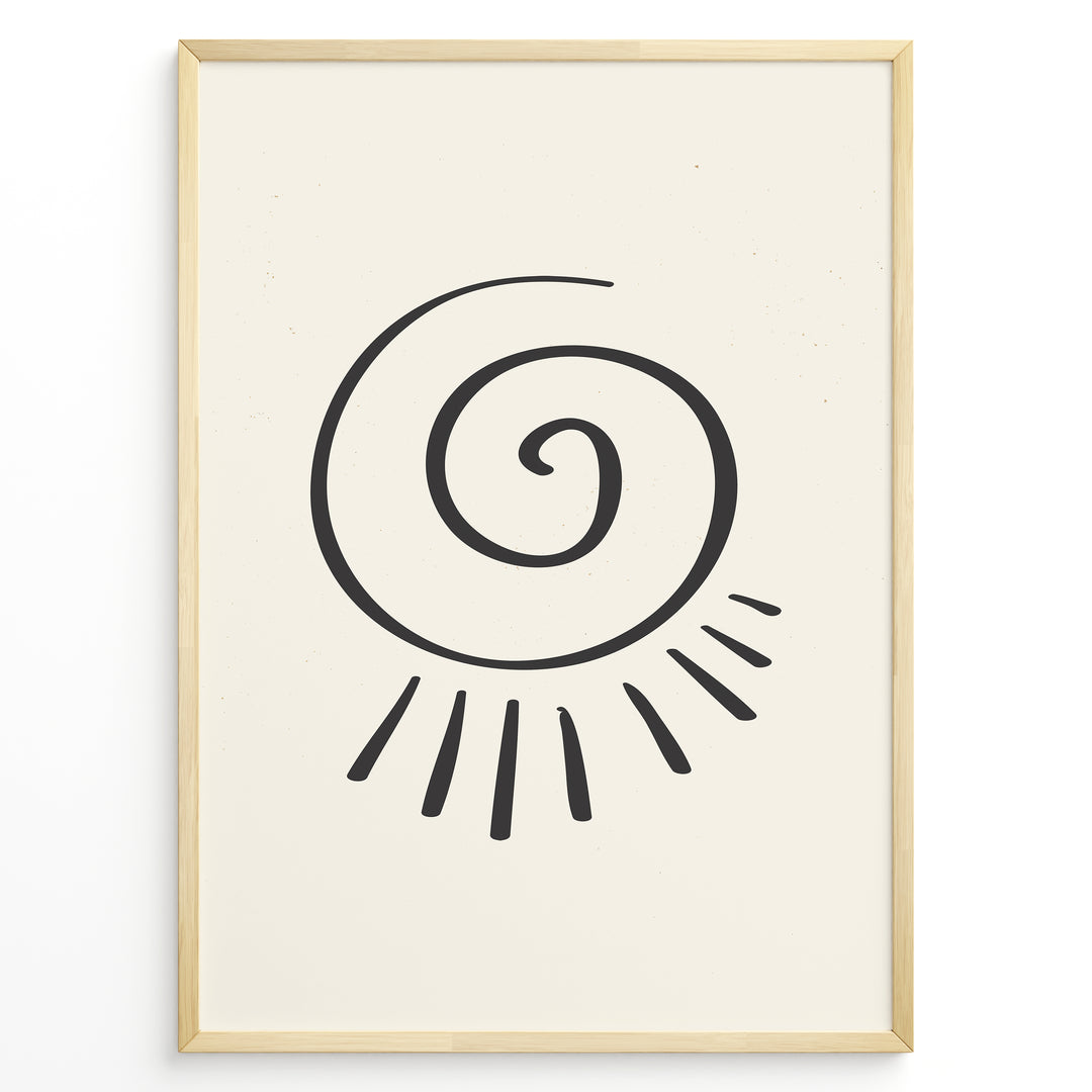 Minimalist abstract spiral sun line art print plakat in black frame on cream background.