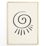 Load image into Gallery viewer, Minimalist abstract spiral sun line art print plakat in black frame on cream background.
