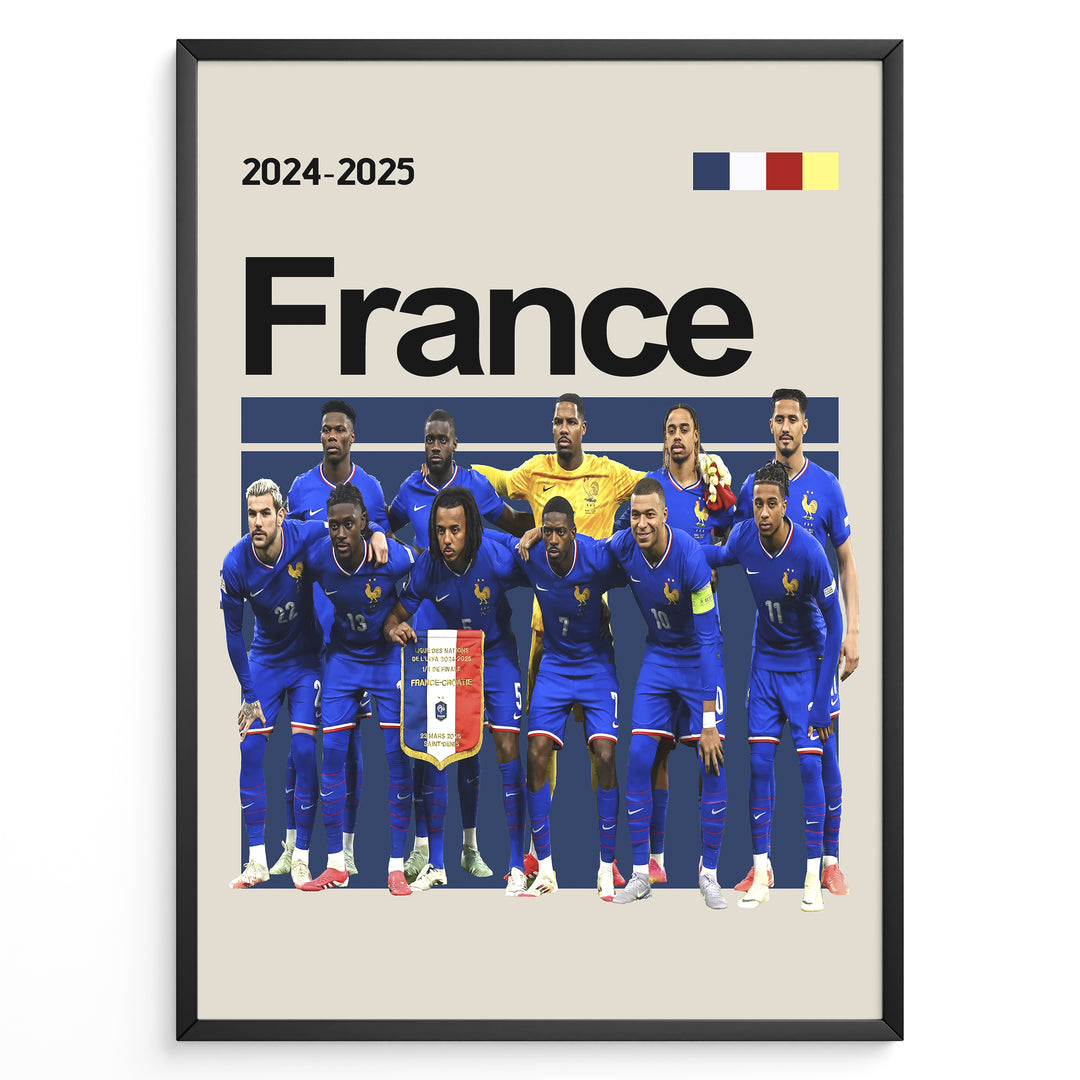 Holdfoto | France fodboldplakat 2024-2025 med spillere i blå trøjer – perfekt til fans af det franske nationalhold.