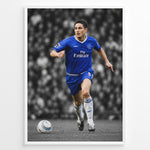 Load image into Gallery viewer, Frank Lampard wearing a Chelsea FC jersey and running with the football on the pitch. The black and white background with highlighted blue colors creates a modern and stylish Chelsea football poster design.

