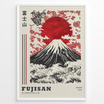 Load image into Gallery viewer, Japanske plakater | Traditional Japanese art poster of Mount Fuji (Fujisan) with a red sun, stylized waves, clouds, floral patterns, and a dragon illustration, framed in black.
