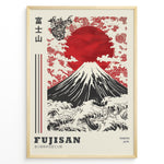 Load image into Gallery viewer, Japanske plakater | Traditional Japanese art poster of Mount Fuji (Fujisan) with a red sun, stylized waves, clouds, floral patterns, and a dragon illustration, framed in black.
