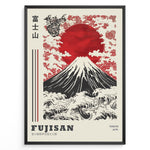 Load image into Gallery viewer, Japanske plakater | Traditional Japanese art poster of Mount Fuji (Fujisan) with a red sun, stylized waves, clouds, floral patterns, and a dragon illustration, framed in black.
