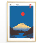 Load image into Gallery viewer, Japanske plakater | Minimalist Fujisan poster featuring Mount Fuji with a red sun and deep blue background in modern Japanese art style.
