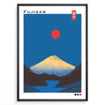 Load image into Gallery viewer, Japanske plakater | Minimalist Fujisan poster featuring Mount Fuji with a red sun and deep blue background in modern Japanese art style.
