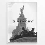 Load image into Gallery viewer, Fashion Plakat | Givenchy Paris Monumental Elegance in Black &amp; White Plakaty.dk | Black and white image of a Parisian monument with classical statues, overlaid with the Givenchy Paris logo, symbolizing luxury and timeless style.

