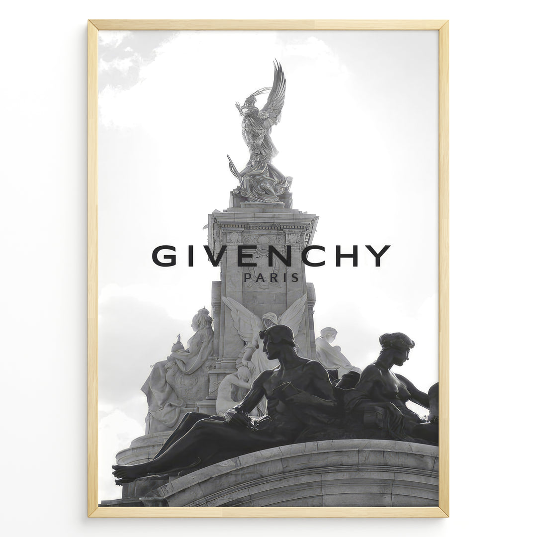 Fashion Plakat | Givenchy Paris Monumental Elegance in Black & White Plakaty.dk | Black and white image of a Parisian monument with classical statues, overlaid with the Givenchy Paris logo, symbolizing luxury and timeless style.