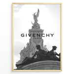Load image into Gallery viewer, Fashion Plakat | Givenchy Paris Monumental Elegance in Black &amp; White Plakaty.dk | Black and white image of a Parisian monument with classical statues, overlaid with the Givenchy Paris logo, symbolizing luxury and timeless style.
