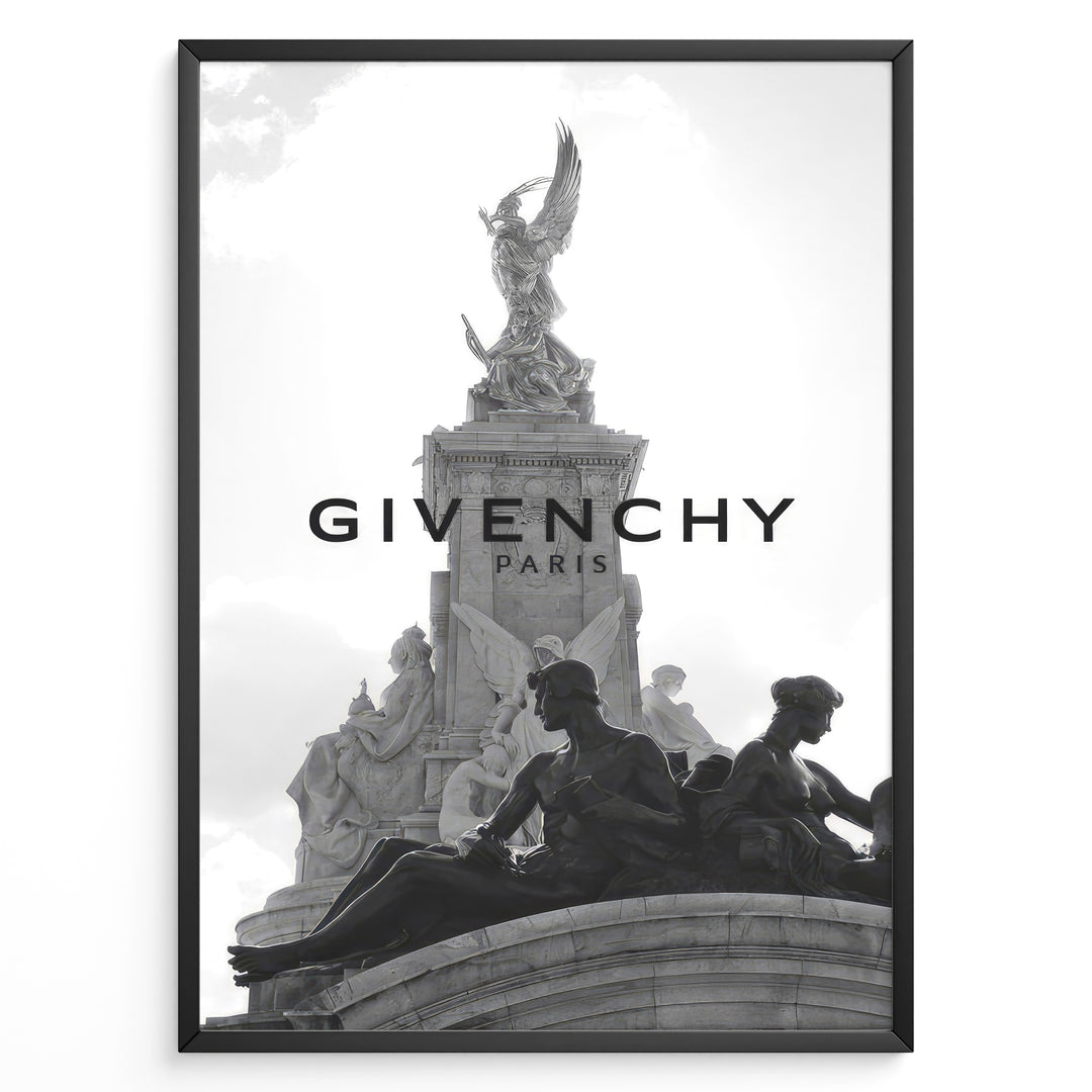 Fashion Plakat | Givenchy Paris Monumental Elegance in Black & White Plakaty.dk | Black and white image of a Parisian monument with classical statues, overlaid with the Givenchy Paris logo, symbolizing luxury and timeless style.