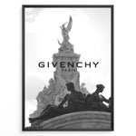 Load image into Gallery viewer, Fashion Plakat | Givenchy Paris Monumental Elegance in Black &amp; White Plakaty.dk | Black and white image of a Parisian monument with classical statues, overlaid with the Givenchy Paris logo, symbolizing luxury and timeless style.
