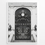 Load image into Gallery viewer, Fashion Plakat | Givenchy Parisian Gate – Black &amp; White Luxury Fashion Poster Plakaty.dk | Black and white poster featuring an ornate wrought iron gate on a grand classical building, with the word &quot;GIVENCHY&quot; centered in minimalist typography.
