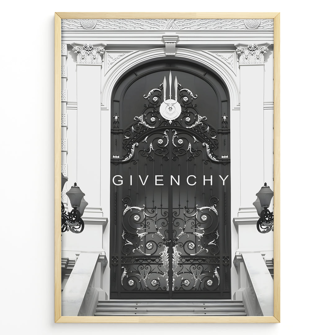 Fashion Plakat | Givenchy Parisian Gate – Black & White Luxury Fashion Poster Plakaty.dk | Black and white poster featuring an ornate wrought iron gate on a grand classical building, with the word "GIVENCHY" centered in minimalist typography.