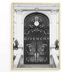 Load image into Gallery viewer, Fashion Plakat | Givenchy Parisian Gate – Black &amp; White Luxury Fashion Poster Plakaty.dk | Black and white poster featuring an ornate wrought iron gate on a grand classical building, with the word &quot;GIVENCHY&quot; centered in minimalist typography.
