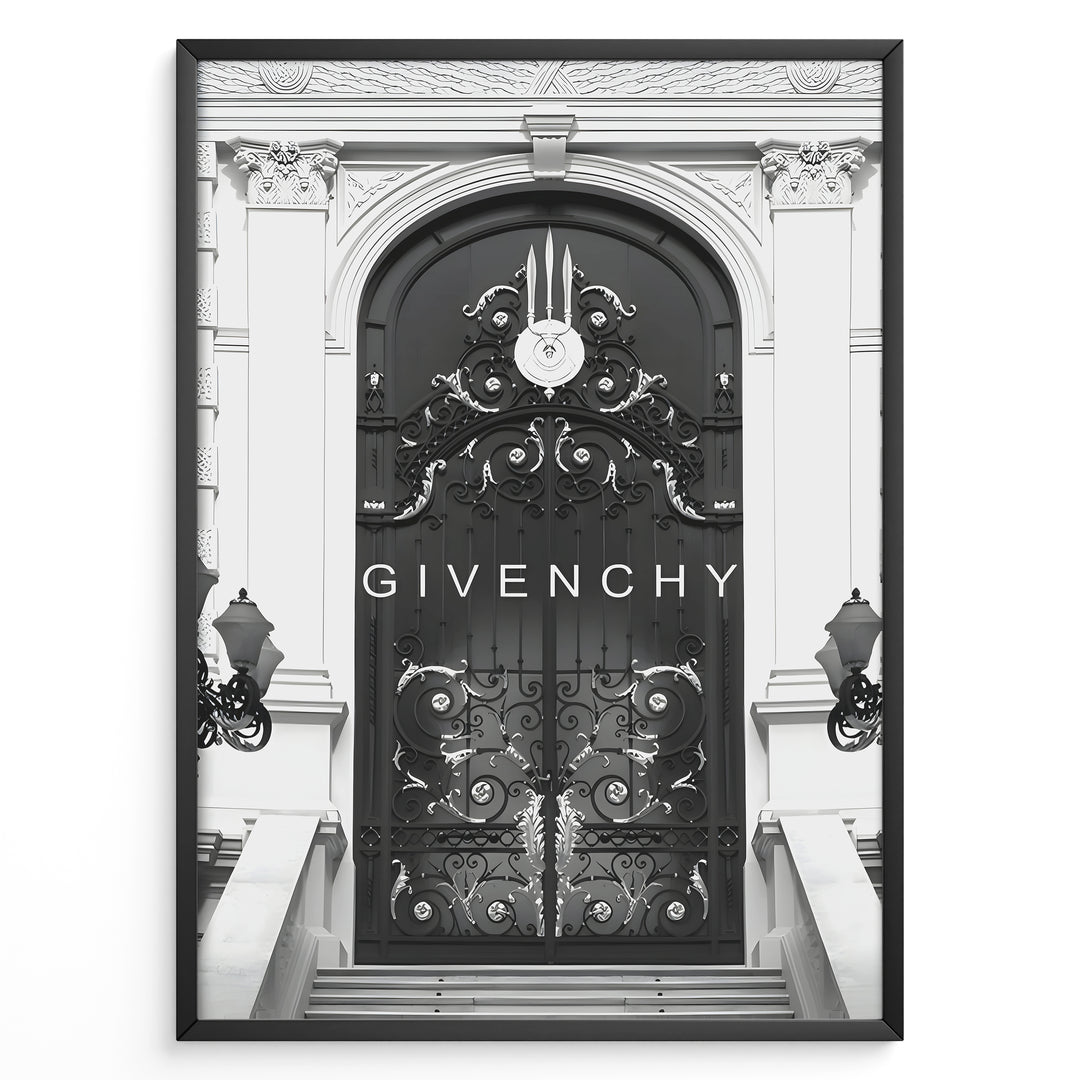 Fashion Plakat | Givenchy Parisian Gate – Black & White Luxury Fashion Poster Plakaty.dk | Black and white poster featuring an ornate wrought iron gate on a grand classical building, with the word "GIVENCHY" centered in minimalist typography.