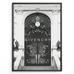 Load image into Gallery viewer, Fashion Plakat | Givenchy Parisian Gate – Black &amp; White Luxury Fashion Poster Plakaty.dk | Black and white poster featuring an ornate wrought iron gate on a grand classical building, with the word &quot;GIVENCHY&quot; centered in minimalist typography.

