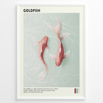 Load image into Gallery viewer, Plakater | Digital illustration of two pinkish-orange goldfish swimming in clear water with subtle wave patterns, framed in black with the title &quot;GOLDFISH&quot; and descriptive text below.
