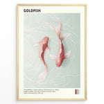 Load image into Gallery viewer, Plakater | Digital illustration of two pinkish-orange goldfish swimming in clear water with subtle wave patterns, framed in black with the title &quot;GOLDFISH&quot; and descriptive text below.
