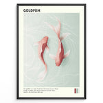 Load image into Gallery viewer, Plakater | Digital illustration of two pinkish-orange goldfish swimming in clear water with subtle wave patterns, framed in black with the title &quot;GOLDFISH&quot; and descriptive text below.
