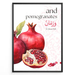 Load image into Gallery viewer, Granatæble plakat med botanisk illustration og engelsk samt arabisk typografi inspireret af Koranens frugter

