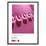 Load image into Gallery viewer, Fashion Plakat | Gucci Storefront Wall Art – Florence Italy Plakaty.dk | Gucci logo in glowing pink neon lights on a textured wall in Florence, Italy, with a modern color palette and shadows creating a bold visual effect.
