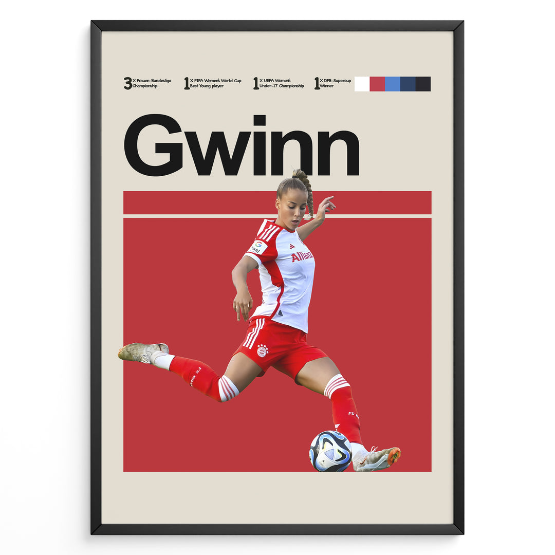 Giulia Gwinn plakat | Bayern München trøje i rød og hvid med kraftfuldt spark – perfekt til fans af kvindefodbold og Bundesliga