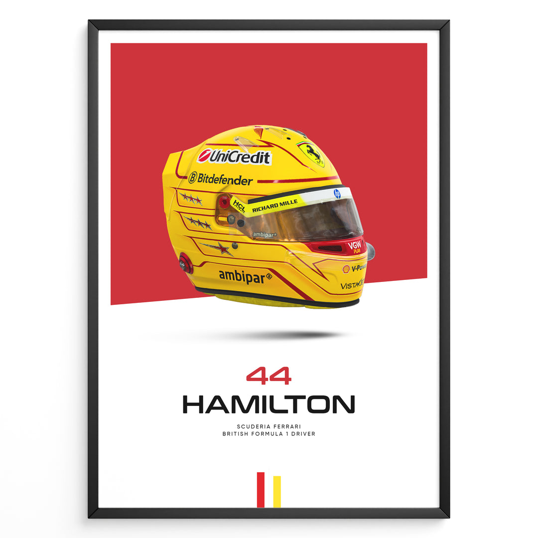Framed poster of Lewis Hamilton’s yellow Ferrari F1 helmet with red background, featuring number 44 and Scuderia Ferrari branding.
