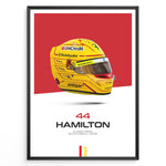 Load image into Gallery viewer, Framed poster of Lewis Hamilton’s yellow Ferrari F1 helmet with red background, featuring number 44 and Scuderia Ferrari branding.
