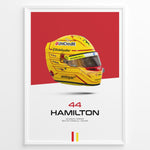Load image into Gallery viewer, Framed poster of Lewis Hamilton’s yellow Ferrari F1 helmet with red background, featuring number 44 and Scuderia Ferrari branding.

