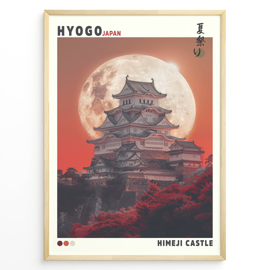 Japanske plakater | Celebrate the beauty of Hyogo, Japan with this striking art print of Himeji Castle during a summer festival. Set against a dramatic full moon and fiery red sky, this poster captures the elegance and history of Japan's most iconic castle. A perfect piece for travel lovers, architecture fans, or collectors of Japanese culture.