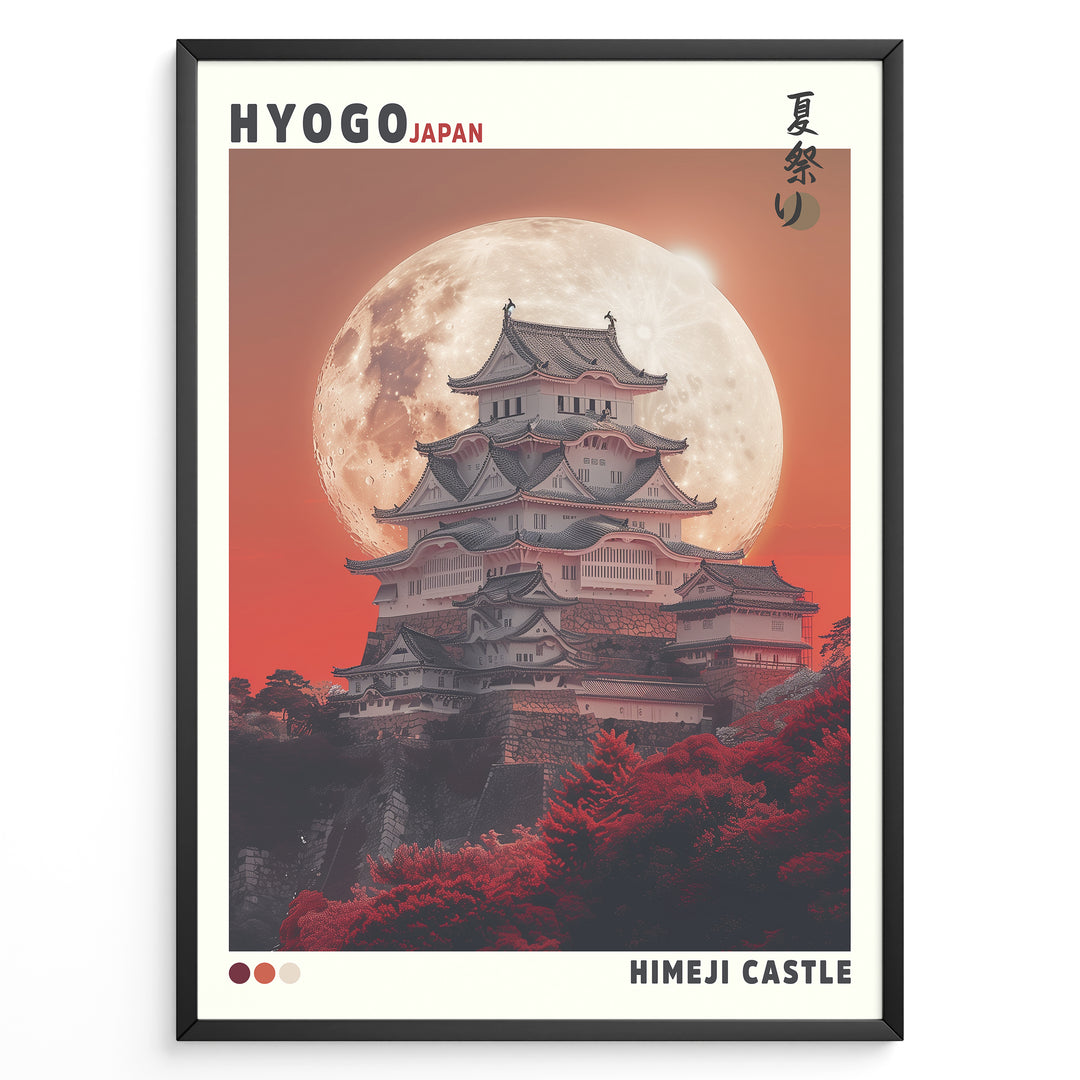 Japanske plakater | Celebrate the beauty of Hyogo, Japan with this striking art print of Himeji Castle during a summer festival. Set against a dramatic full moon and fiery red sky, this poster captures the elegance and history of Japan's most iconic castle. A perfect piece for travel lovers, architecture fans, or collectors of Japanese culture.