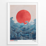 Load image into Gallery viewer, Japanske plakater | Japandi-style art print titled &quot;Hinode&quot; featuring a bold red sun rising over flowing blue ocean waves, with minimal text and a soft, neutral background.
