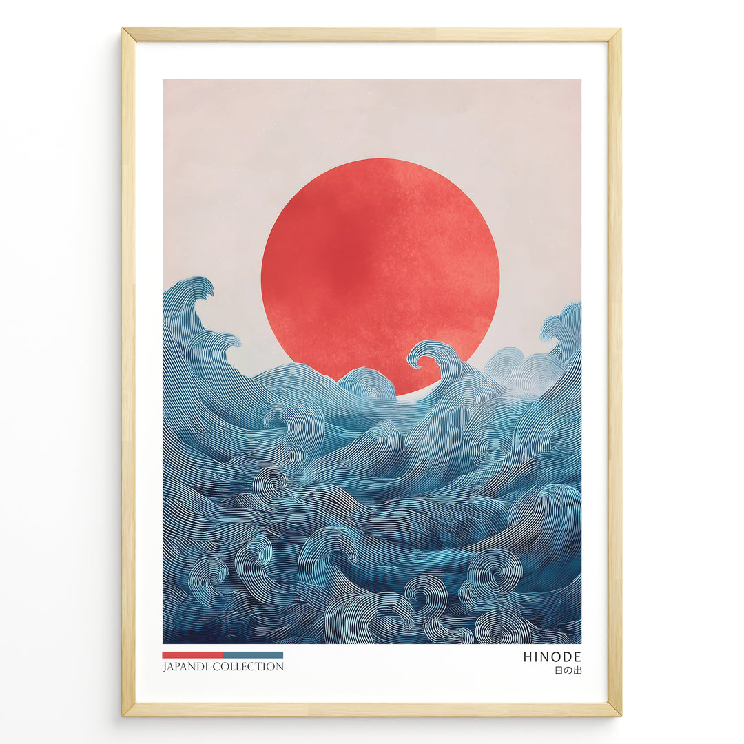Japanske plakater | Japandi-style art print titled "Hinode" featuring a bold red sun rising over flowing blue ocean waves, with minimal text and a soft, neutral background.