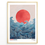 Load image into Gallery viewer, Japanske plakater | Japandi-style art print titled &quot;Hinode&quot; featuring a bold red sun rising over flowing blue ocean waves, with minimal text and a soft, neutral background.
