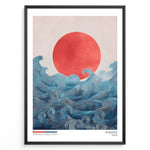 Load image into Gallery viewer, Japanske plakater | Japandi-style art print titled &quot;Hinode&quot; featuring a bold red sun rising over flowing blue ocean waves, with minimal text and a soft, neutral background.

