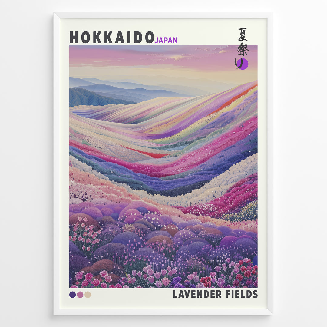 Japanske plakater | Colorful illustration of lavender and flower fields in Hokkaido, Japan, with rolling hills in soft pastel tones and a dreamy mountain backdrop.