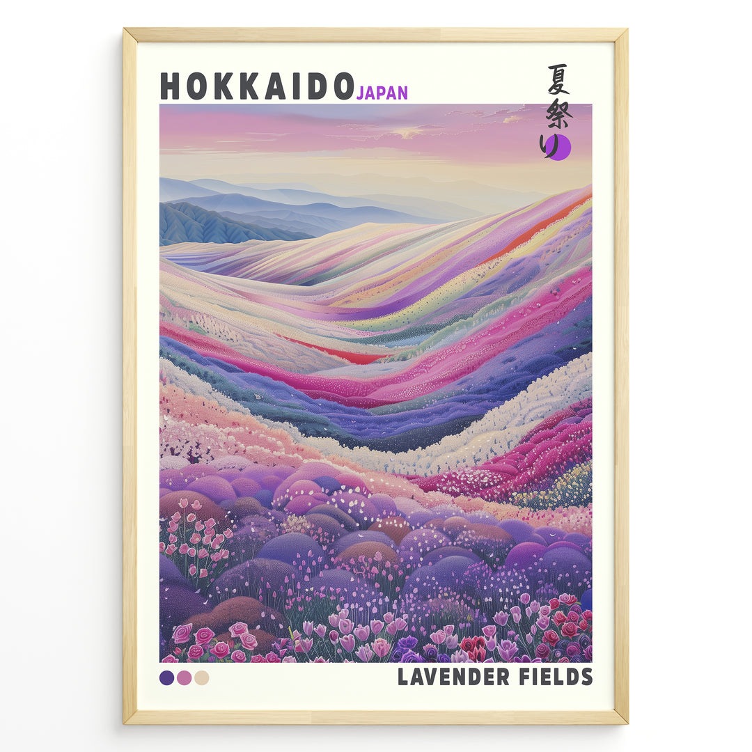Japanske plakater | Colorful illustration of lavender and flower fields in Hokkaido, Japan, with rolling hills in soft pastel tones and a dreamy mountain backdrop.