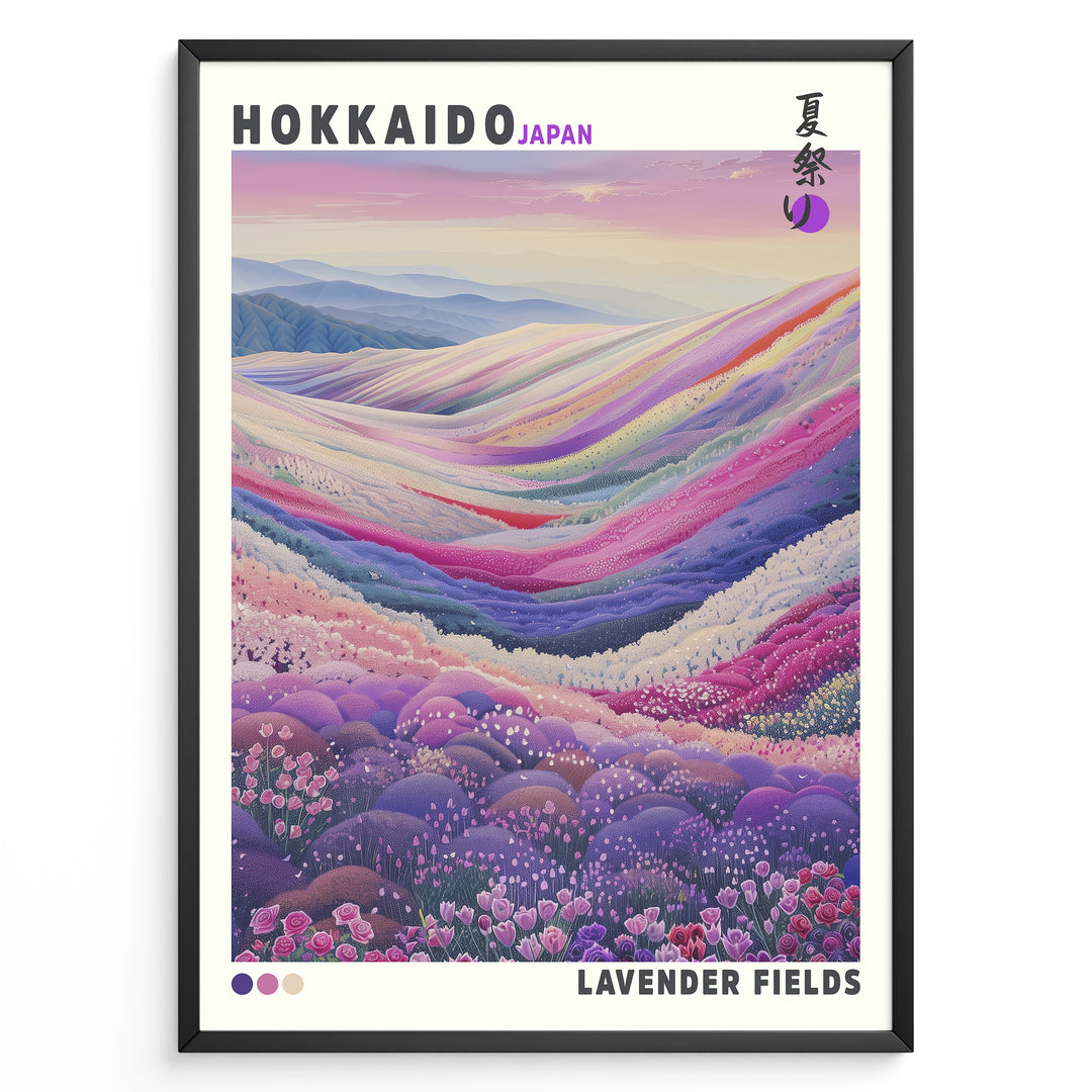 Japanske plakater | Colorful illustration of lavender and flower fields in Hokkaido, Japan, with rolling hills in soft pastel tones and a dreamy mountain backdrop.