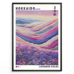 Load image into Gallery viewer, Japanske plakater | Colorful illustration of lavender and flower fields in Hokkaido, Japan, with rolling hills in soft pastel tones and a dreamy mountain backdrop.
