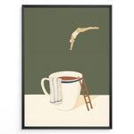 Load image into Gallery viewer, Minimalist artwork of a swimmer diving toward a large coffee cup with a ladder beside it.
