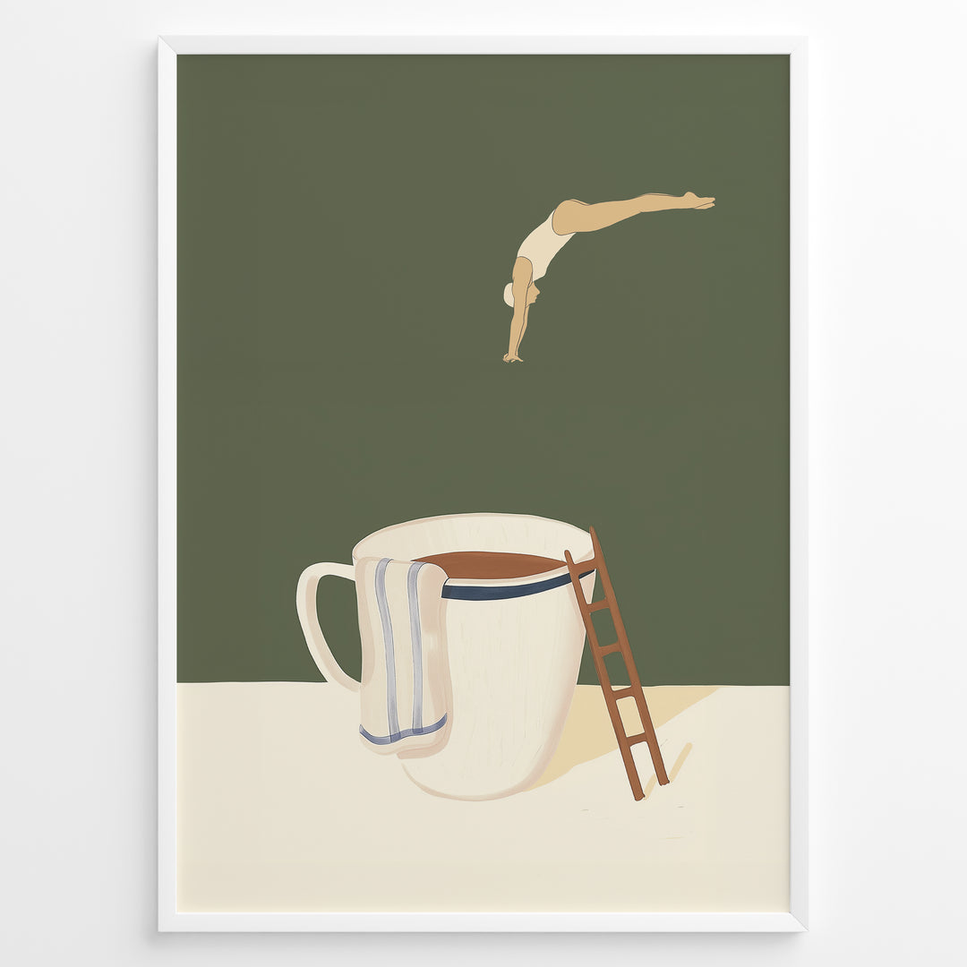 Minimalist artwork of a swimmer diving toward a large coffee cup with a ladder beside it.