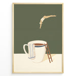 Load image into Gallery viewer, Minimalist artwork of a swimmer diving toward a large coffee cup with a ladder beside it.
