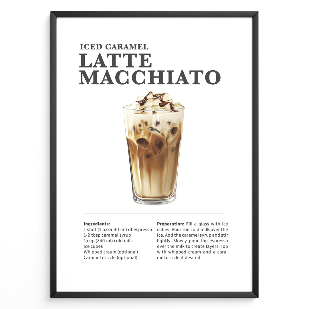 Iced caramel latte macchiato recipe poster with a tall glass of layered iced coffee.