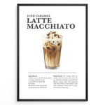 Load image into Gallery viewer, Iced caramel latte macchiato recipe poster with a tall glass of layered iced coffee.
