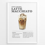 Load image into Gallery viewer, Iced caramel latte macchiato recipe poster with a tall glass of layered iced coffee.
