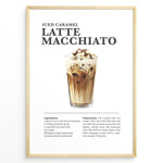 Load image into Gallery viewer, Iced caramel latte macchiato recipe poster with a tall glass of layered iced coffee.
